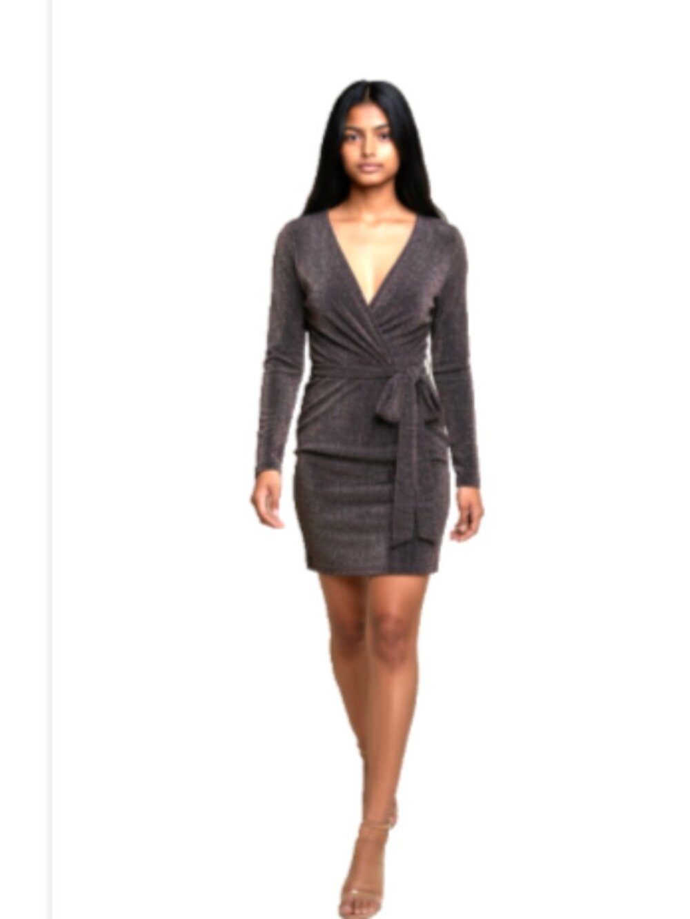 Trixxi Metallic Faux Wrap Dress M Black Long Sleeve Knot Front Holiday Cocktail